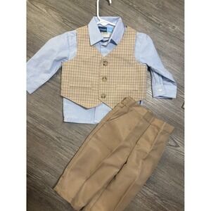 Great Guy Baby Boys Blue Striped Shirt Plaid Vest Khaki Pants Outfit 12 Months